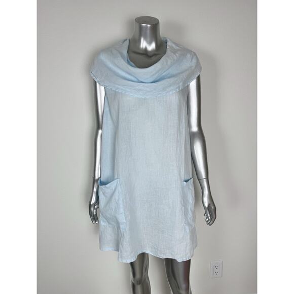 Match Point Dress 100% Linen Sleeveless Blue Cowl Neck Tunic Shift S - Picture 1 of 8